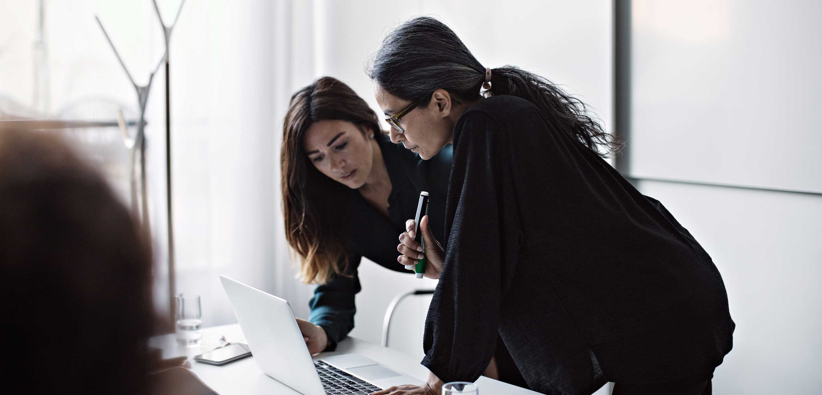 Women looking at a laptop in a modern office Women looking at a laptop in a modern office